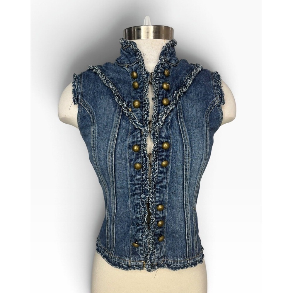 Star Jeans Denim Ruffle Vest Brass Button Victorian Western Corset Y2K Statement